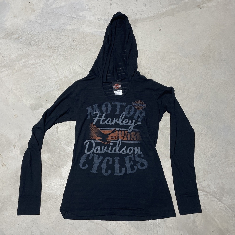 Harley Davidson Black  Long Sleeve Top w/ Hoodie Pelham AL SZ L Motorcycle